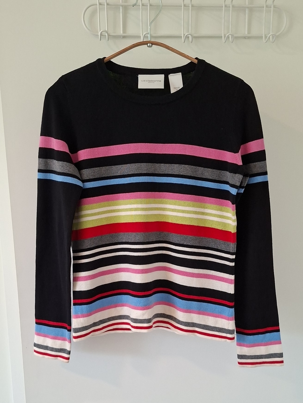 Vintage 90's Liz Claiborne Black & Multi-colored Striped Crewneck Sweater (SP)